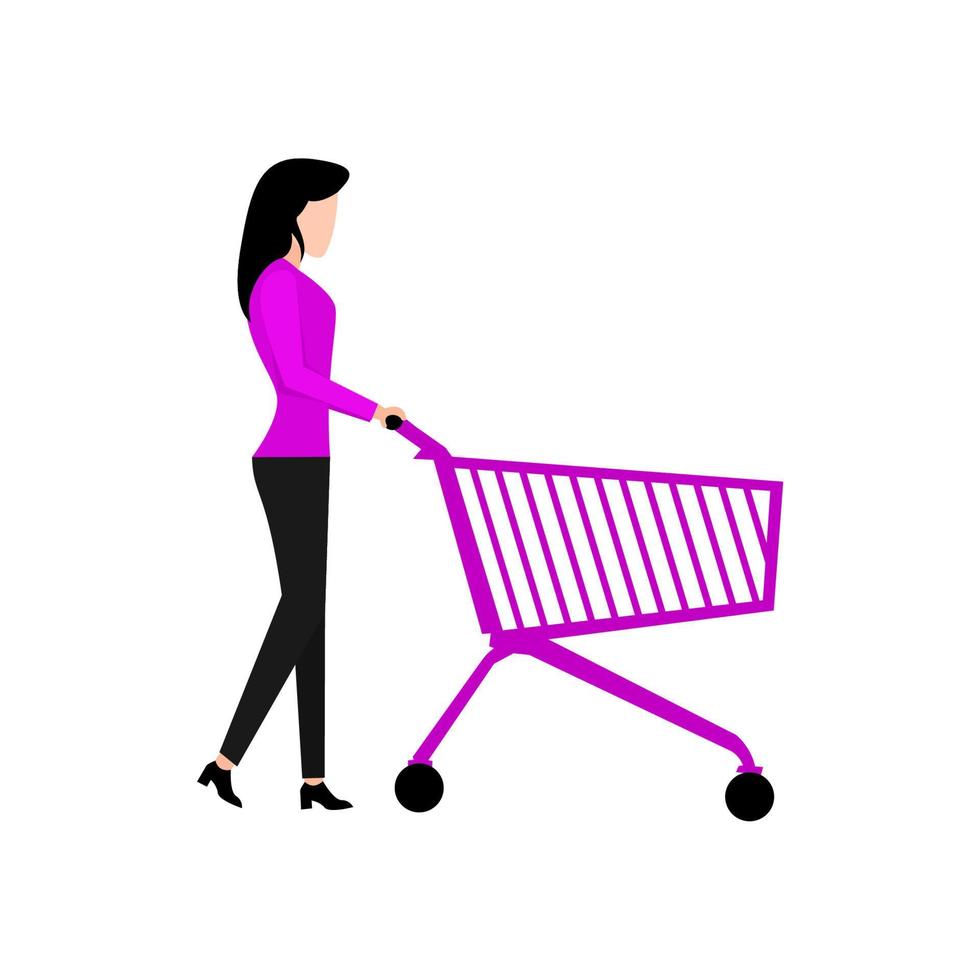 grafico illustrazione di un' donna trasporto un' shopping carrello vettore