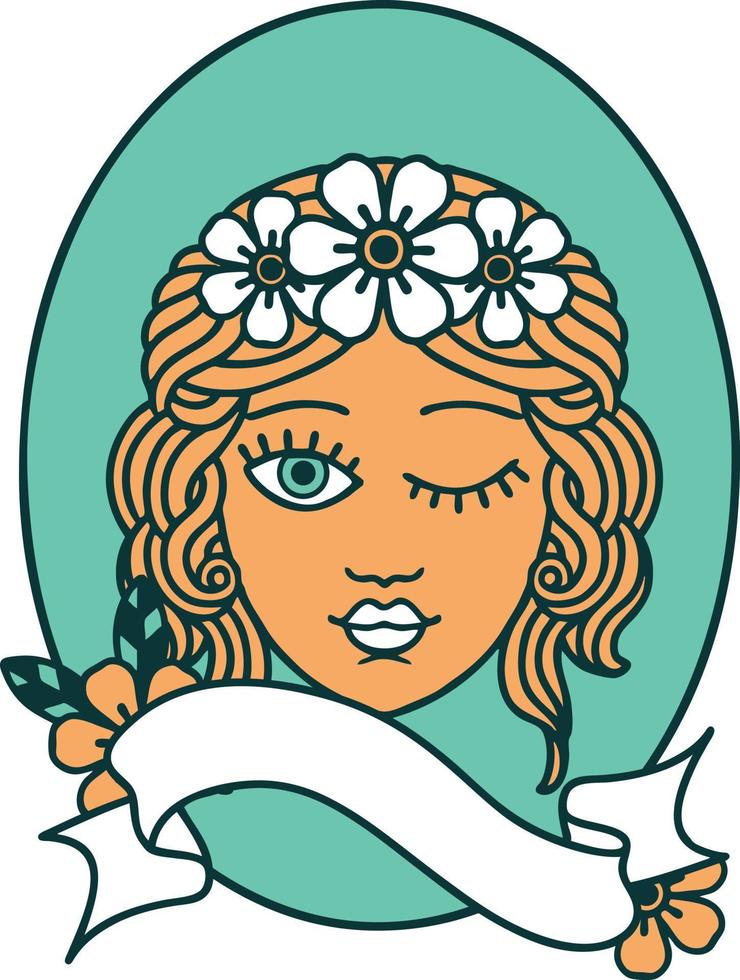 tatuaggio con bandiera di un' fanciulla con corona di fiori strizzando l'occhio vettore