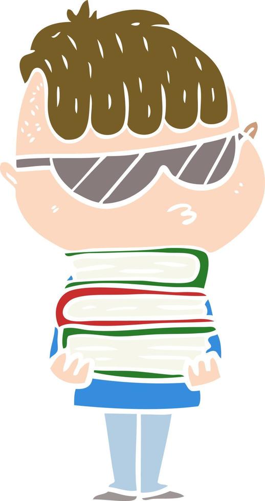 piatto colore stile cartone animato ragazzo indossare occhiali da sole con pila di libri vettore