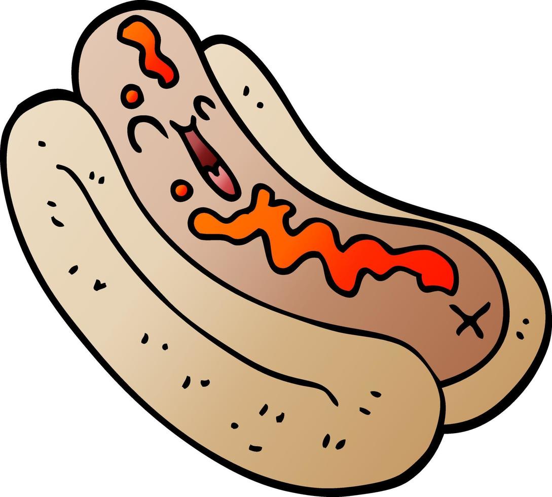 cartone animato scarabocchio hot dog nel ciambella con ketchup vettore