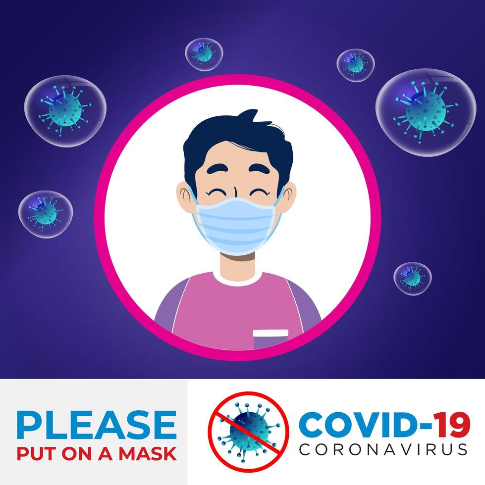 uomo con poster di maschera di protezione coronaviras vettore