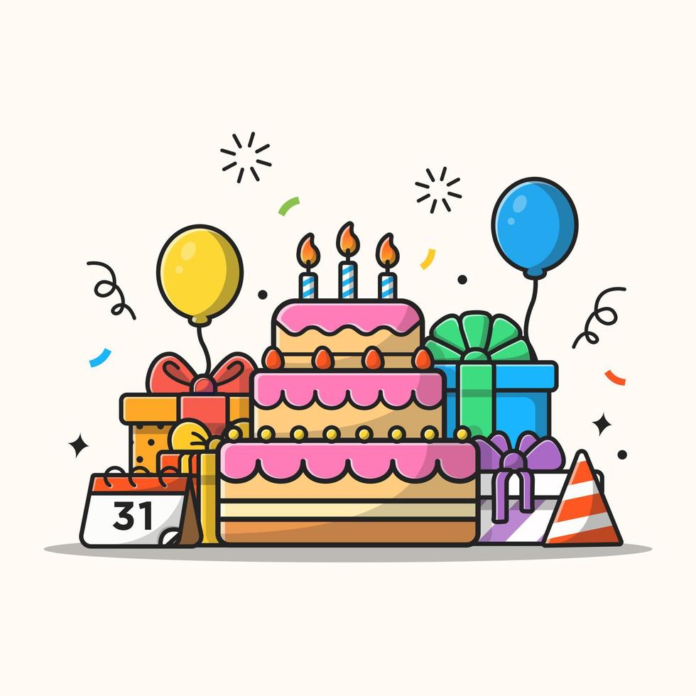 regalo scatola e compleanno torta cartone animato vettore icona illustrazione. compleanno icona concetto isolato premio vettore. piatto cartone animato stile