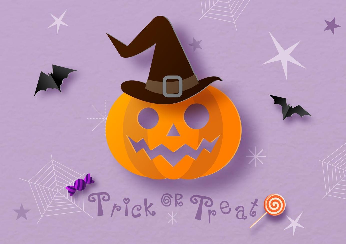 jack'o lanterna indossare strega cappello con pipistrelli volante nel carta tagliare stile su viola carta modello sfondo. Halloween saluto carta nel carta tagliare stile e vettore design.