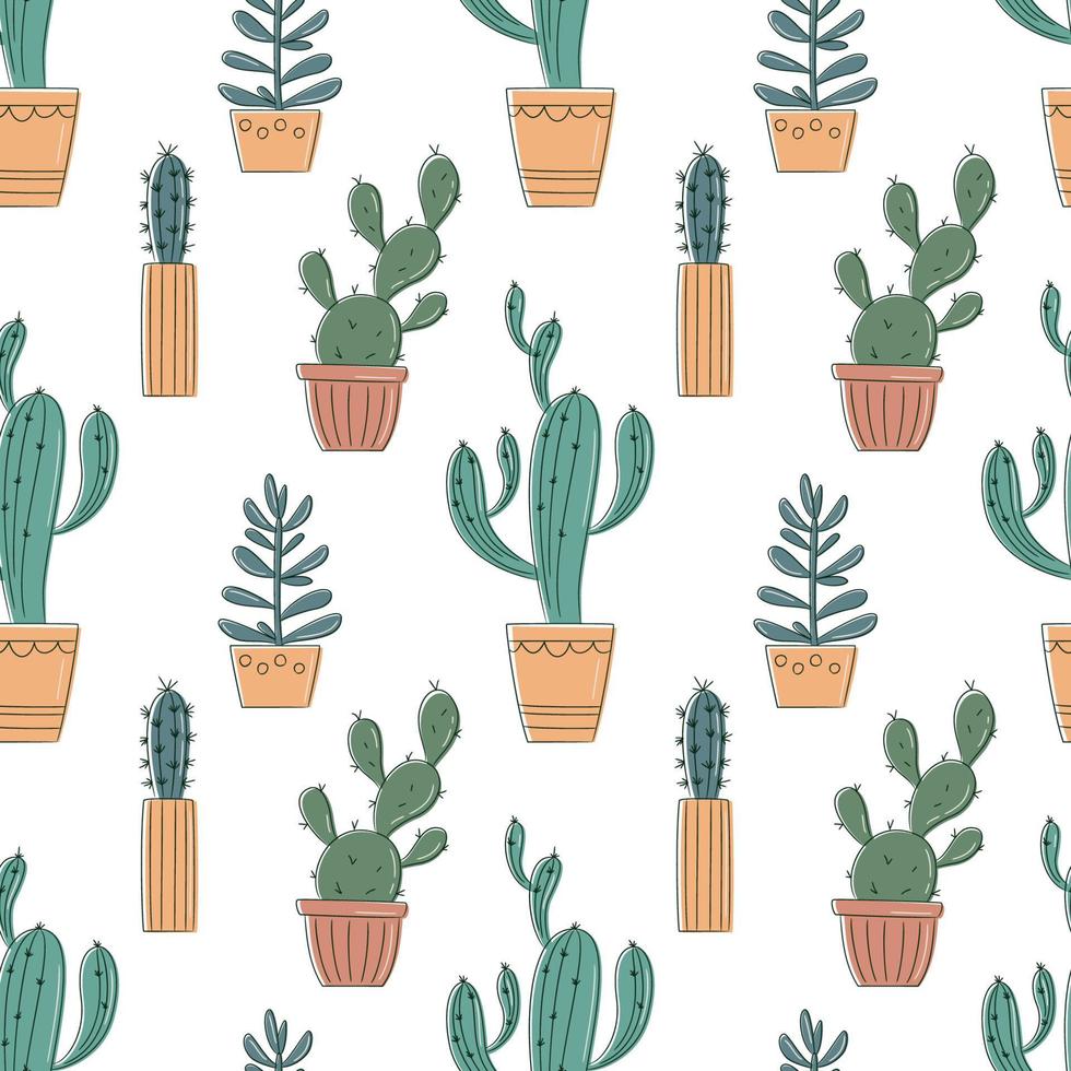 vettore senza soluzione di continuità modello con mano disegnato cactus e succulente. cactus nel pentole. bellissimo floreale design elementi, Perfetto per stampe e superficie. ripetendo mano disegnato sfondo