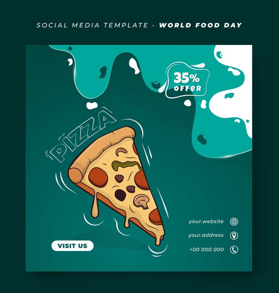 sociale media inviare modello nel verde sfondo con Pizza nel cartone animato design per mondo cibo giorno vettore