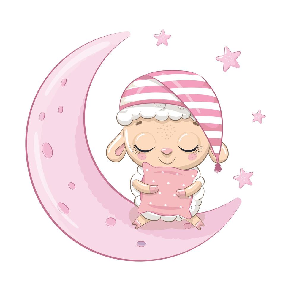 cute baby pecore seduto sulla luna. vettore
