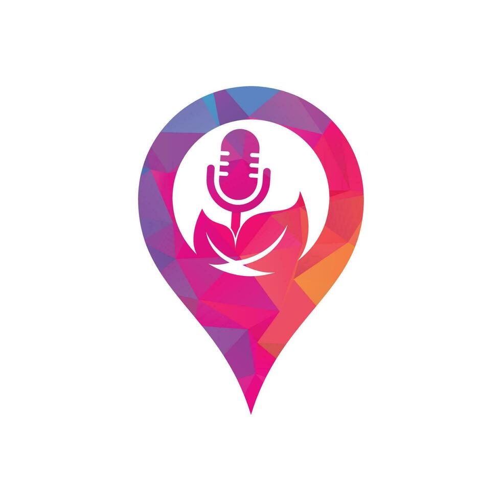 foglia Podcast carta geografica perno forma concetto logo design modello. Podcast parlare mostrare logo con mic e le foglie. vettore