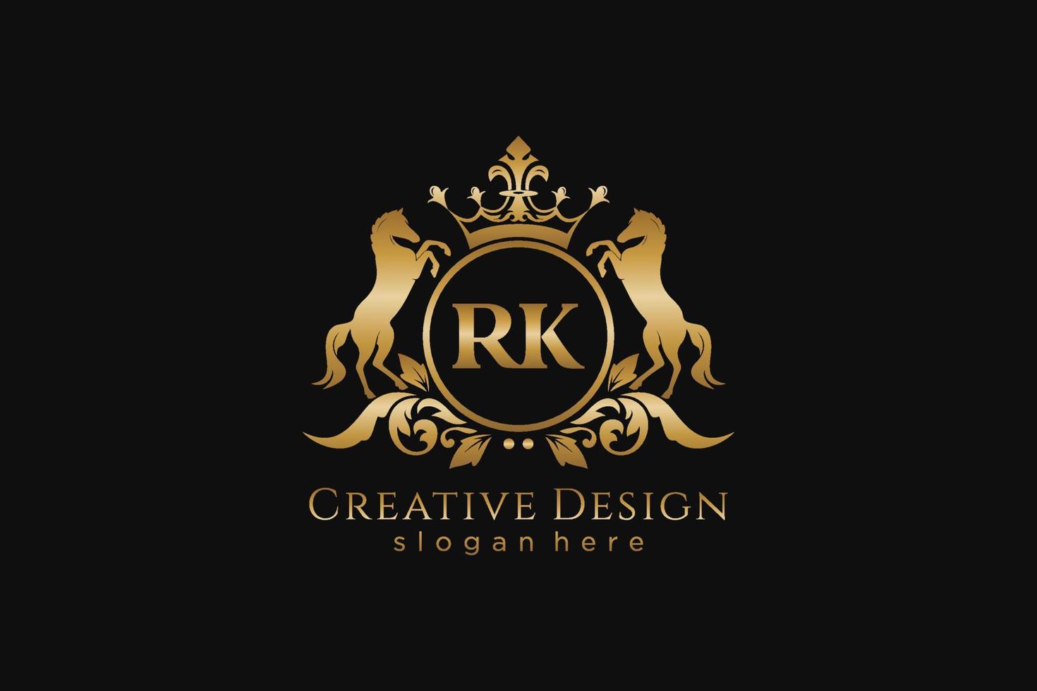 iniziale rk retrò d'oro cresta con cerchio e Due cavalli, distintivo modello con pergamene e reale corona - Perfetto per lussuoso il branding progetti vettore