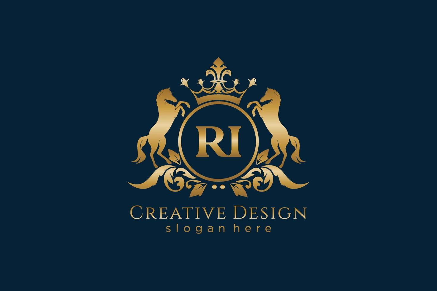 iniziale RI retrò d'oro cresta con cerchio e Due cavalli, distintivo modello con pergamene e reale corona - Perfetto per lussuoso il branding progetti vettore