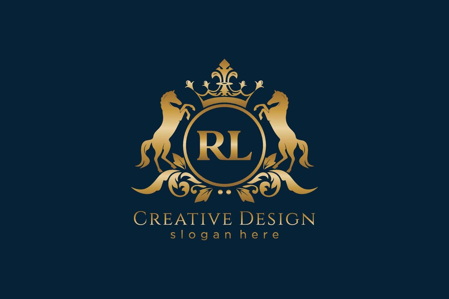 iniziale rl retrò d'oro cresta con cerchio e Due cavalli, distintivo modello con pergamene e reale corona - Perfetto per lussuoso il branding progetti vettore