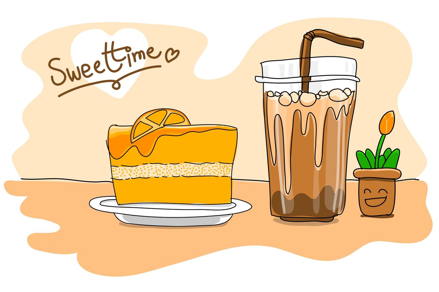 disegno torta all'arancia con tazza di caffè freddo vettore