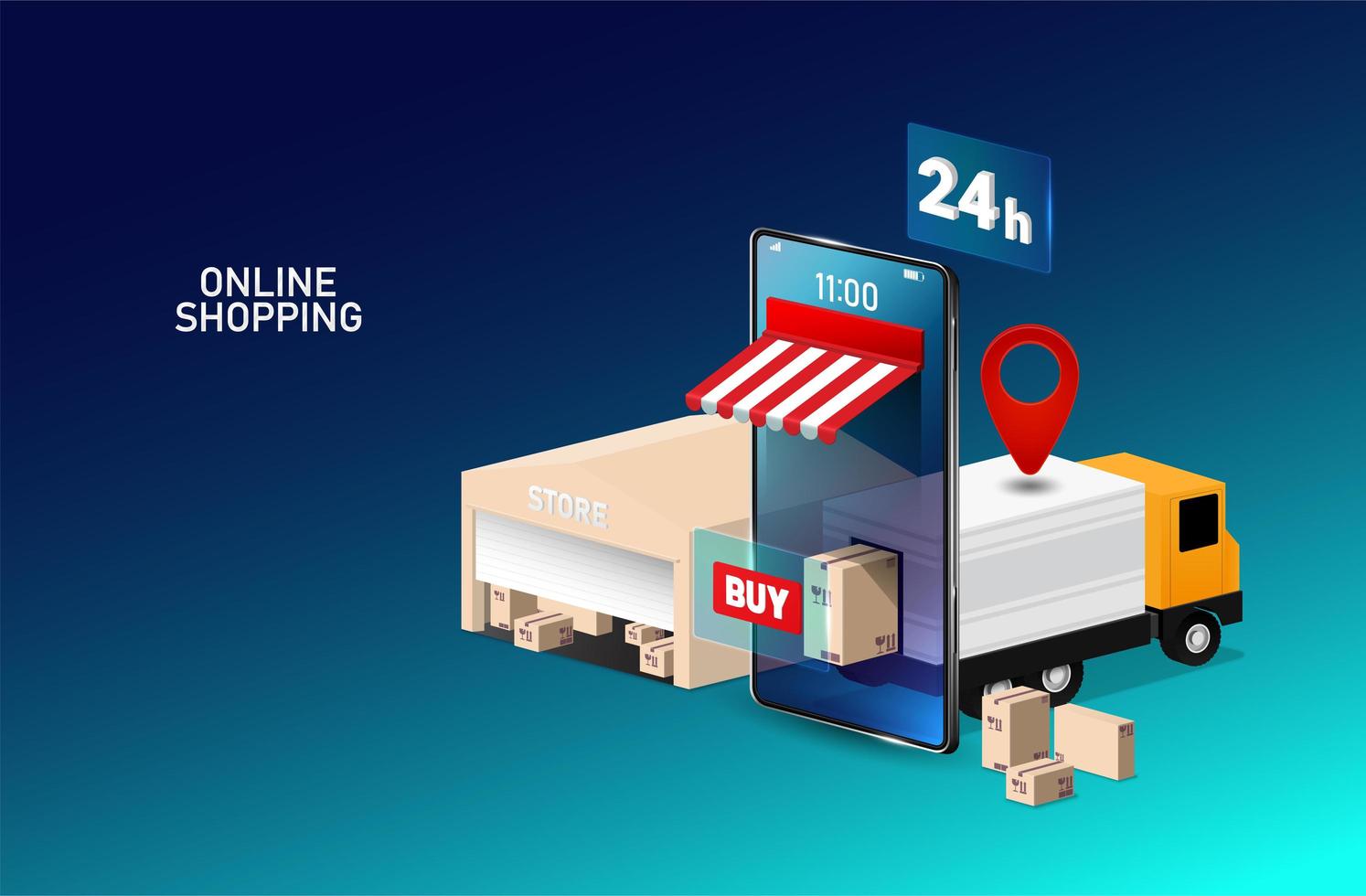 progettazione dello shopping online con magazzino e camion vettore