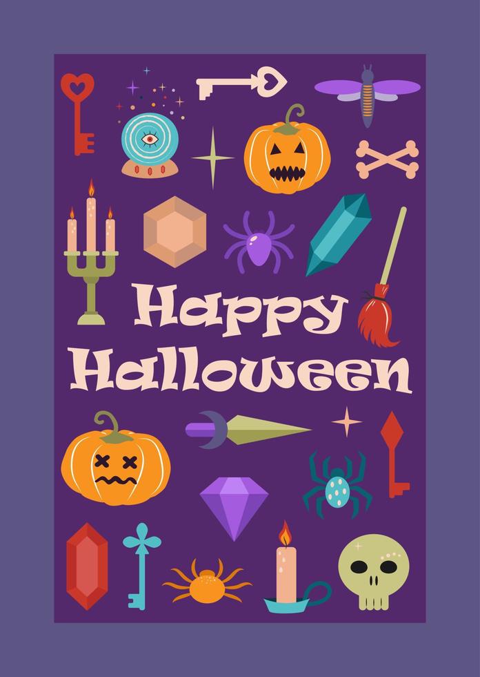 contento Halloween cartolina con zucche e magico attributi. vettore illustrazione