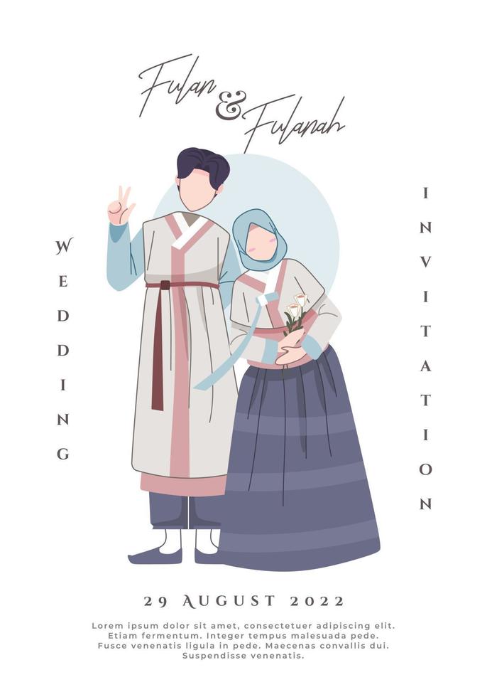 coreano musulmano coppia illustrazione indossare tradizionale beige vestito vettore
