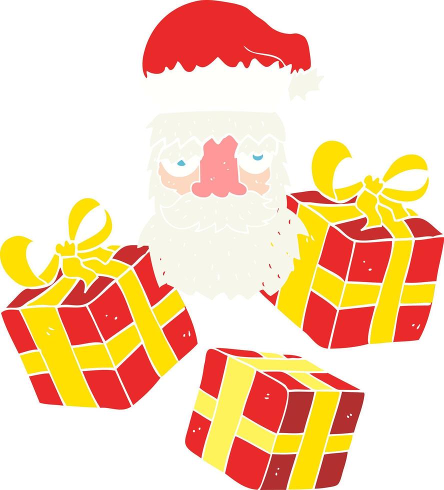 piatto colore illustrazione di un' cartone animato stanco Santa Claus viso con regali vettore