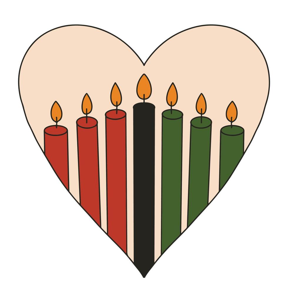 Sette candele per Kwanzaa Festival celebrazione - misumaa nel cuore forma. vettore verde, rosso, nero ardente candele. africano americano etnico eredità celebrazione. carino Kwanzaa distintivo.