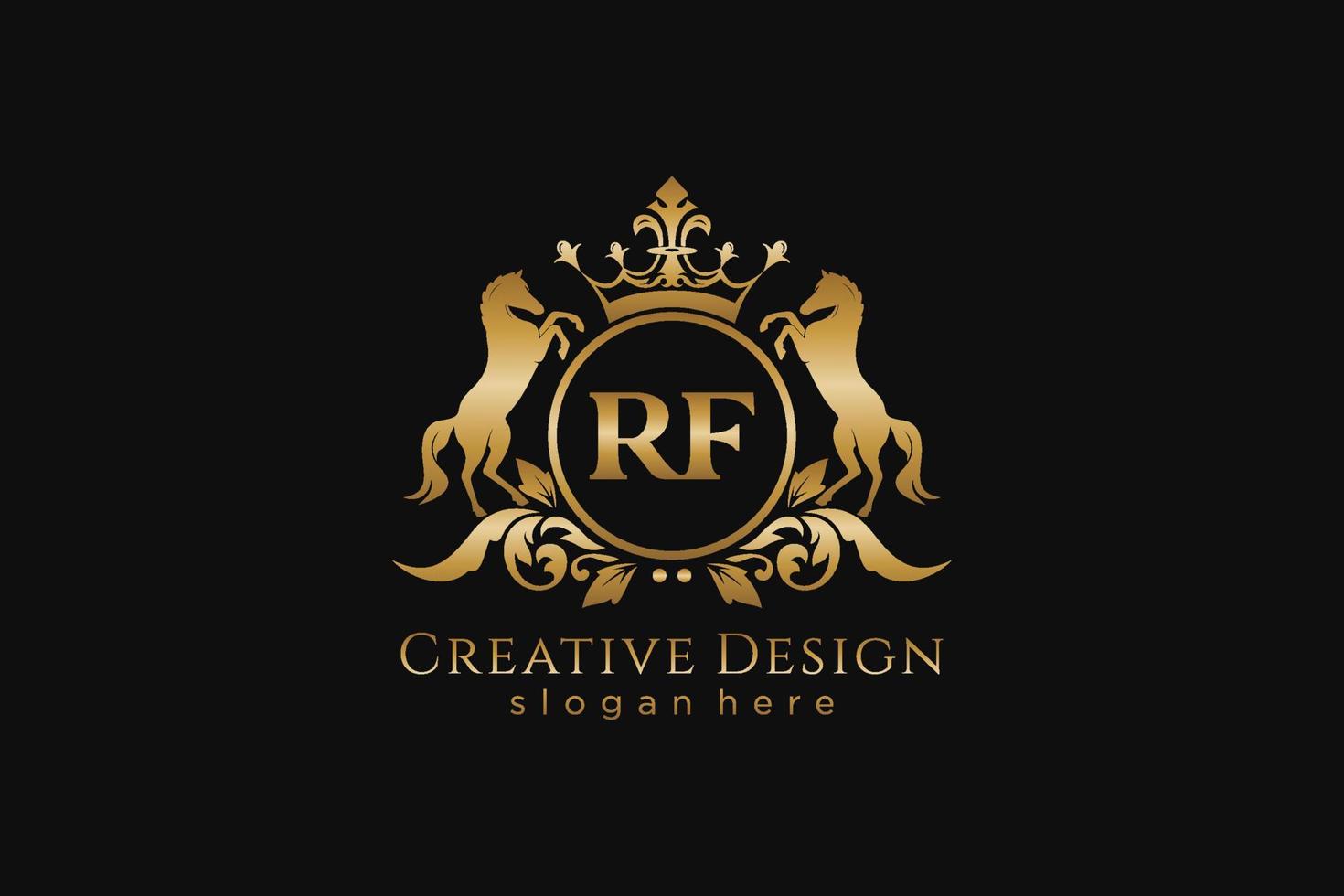 iniziale rf retrò d'oro cresta con cerchio e Due cavalli, distintivo modello con pergamene e reale corona - Perfetto per lussuoso il branding progetti vettore