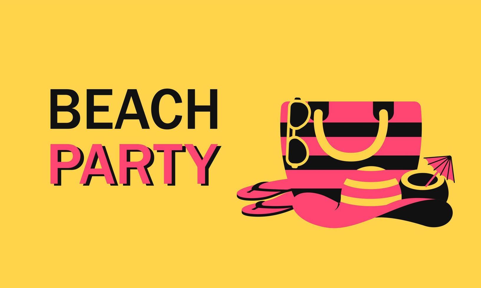 estate spiaggia festa vacanza con spiaggia accessorio. vettore illustrazione per ragnatela con spiaggia Borsa, donna cappello, occhiali da sole, sandalo e cocktail Noce di cocco