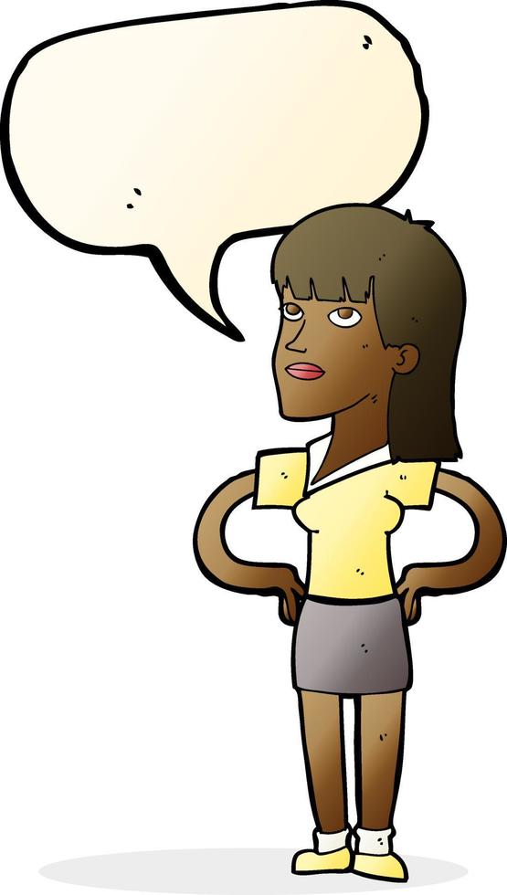 cartone animato donna con mani su fianchi con discorso bolla vettore