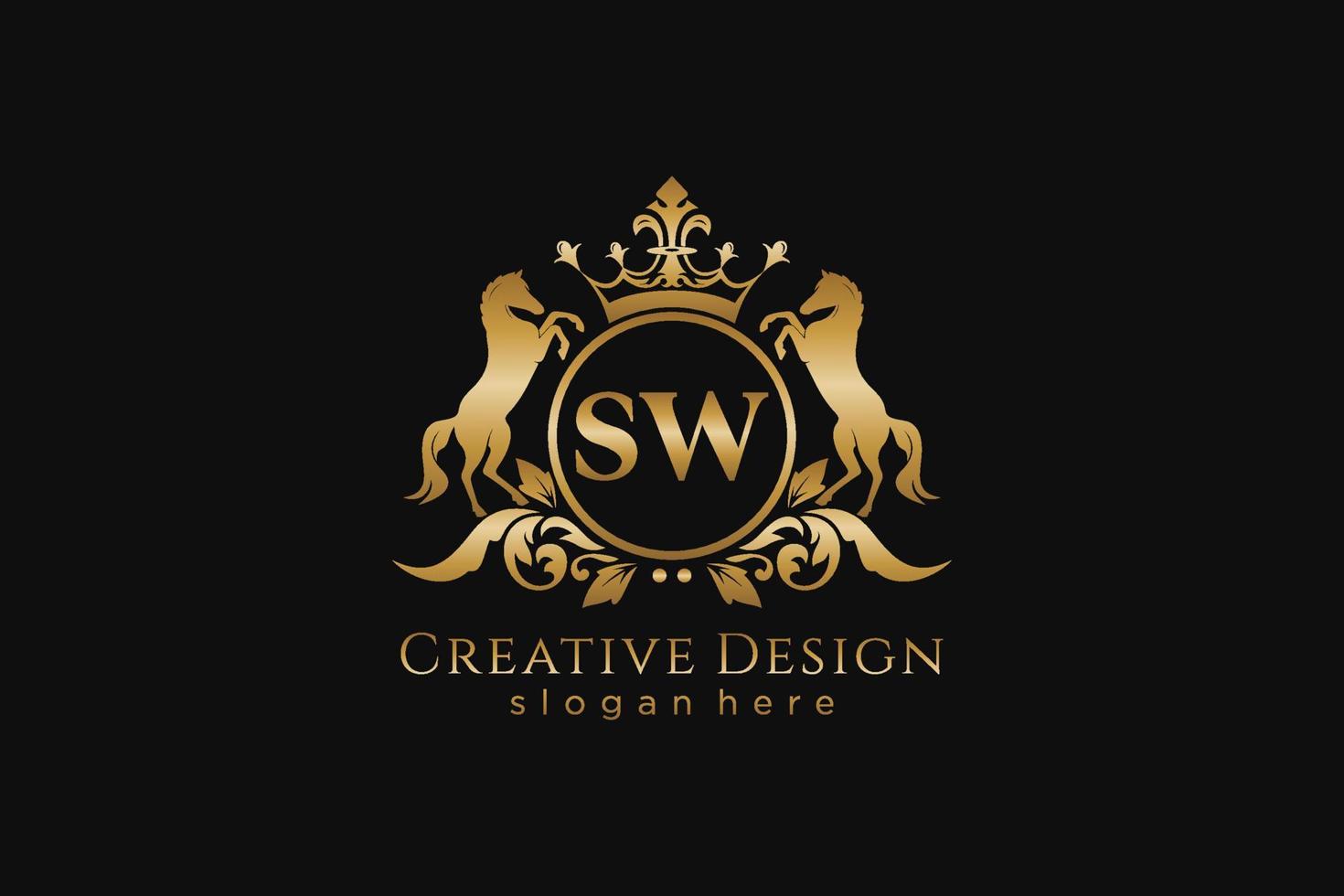 iniziale sw retrò d'oro cresta con cerchio e Due cavalli, distintivo modello con pergamene e reale corona - Perfetto per lussuoso il branding progetti vettore