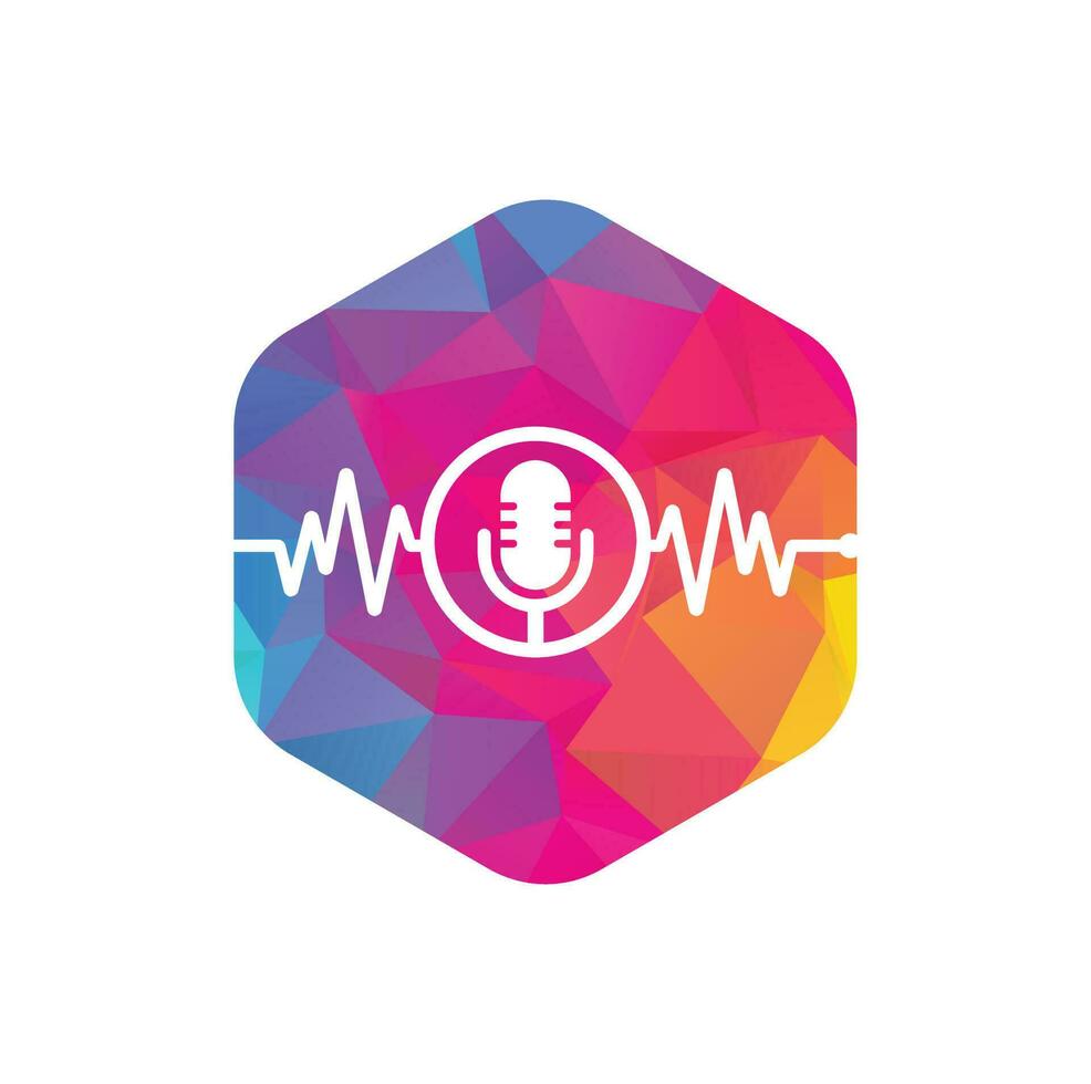 medico Podcast mic logo con cuore polso. Podcast battito cardiaco linea logo design vettore modello
