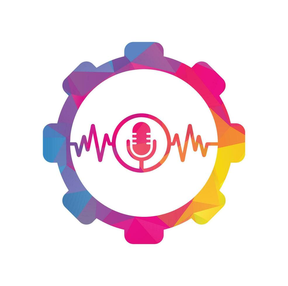 pulse Podcast Ingranaggio forma concetto logo vettore. Podcast battito cardiaco linea logo design vettore modello