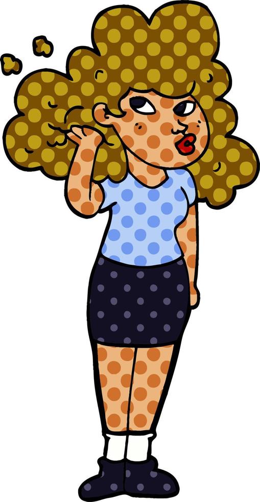 cartone animato scarabocchio ragazza giocando con capelli vettore