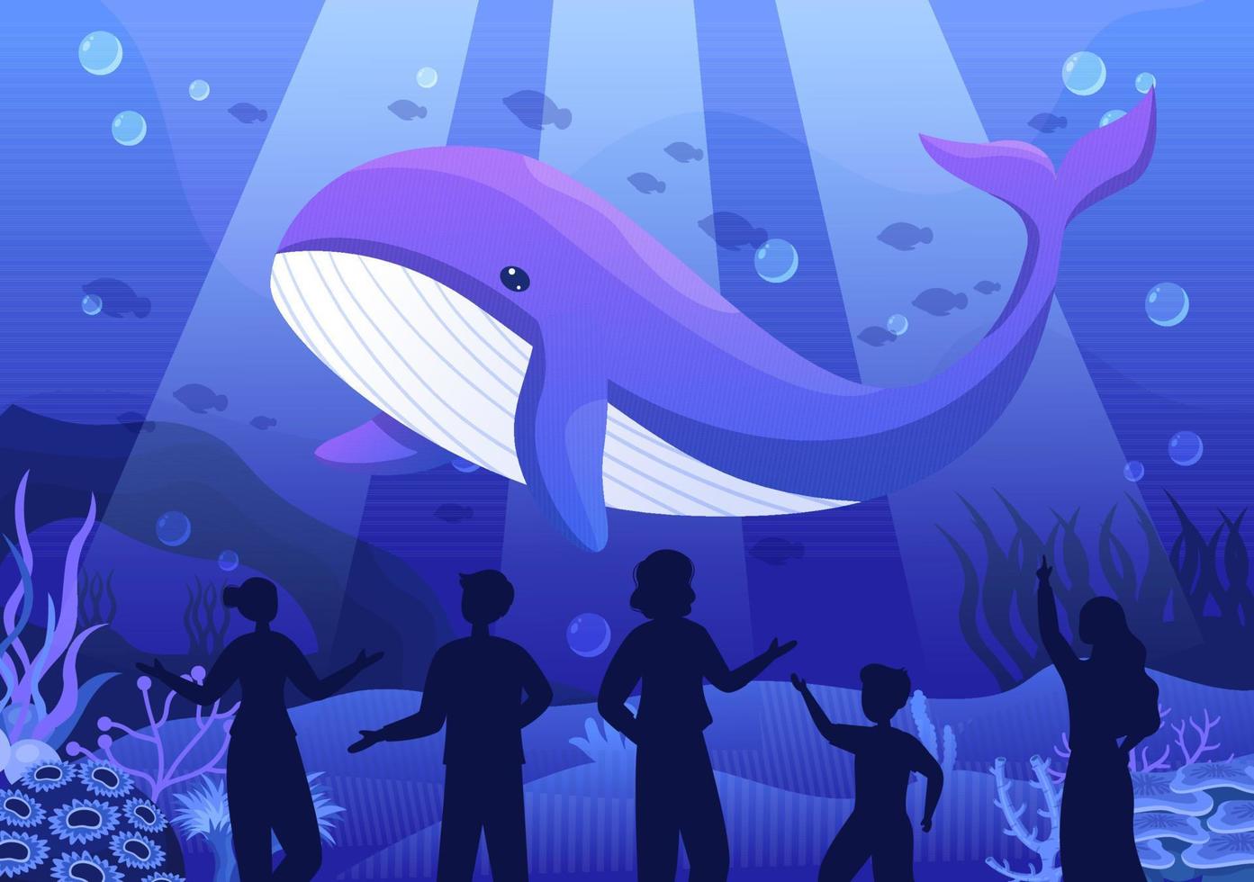 acquario modello mano disegnato cartone animato piatto illustrazione con famiglia e bambini guardare a subacqueo pesce, mare animali varietà, marino flora e fauna vettore