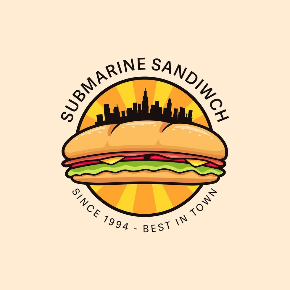 urbano sottomarino Sandwich logo distintivo vettore illustrazione con metropoli città silhouette, centro sottomarino Sandwich logo