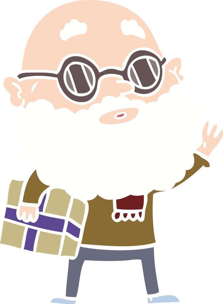 piatto colore stile cartone animato curioso uomo con barba occhiali da sole e presente vettore