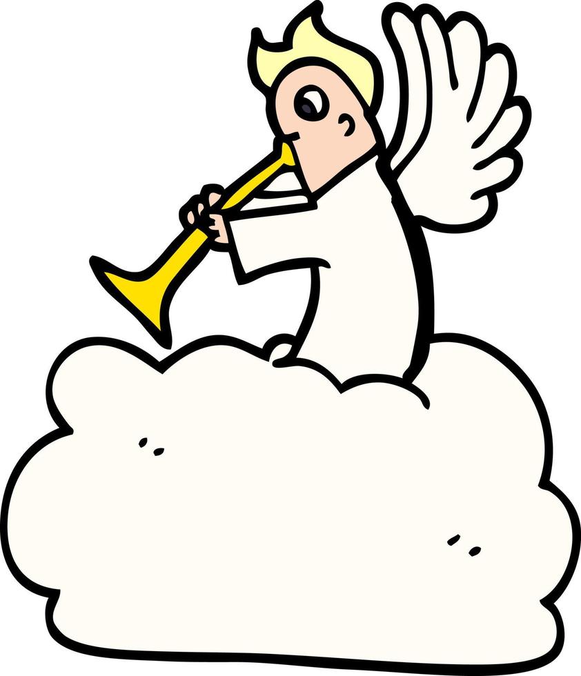 angelo di doodle del fumetto sulla nuvola con la tromba vettore