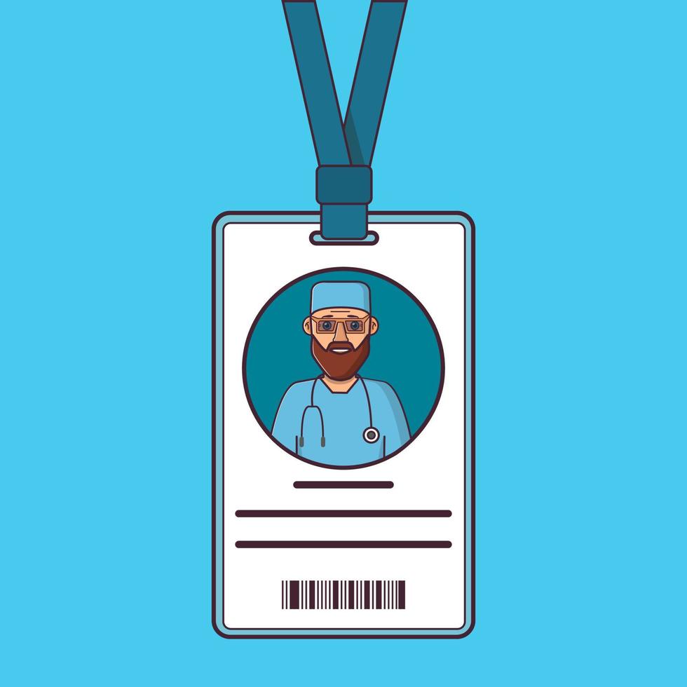 carte d'identità medici. giovane carta di identificazione in plastica modello di cartone animato distintivo identità medica isolato su sfondo blu. vettore