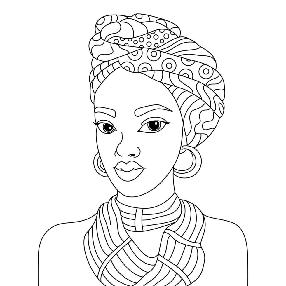 africano nero donna turbante testa avvolgere sciarpa foulard nubiano Regina vettore colorazione pagina schema illustrazione