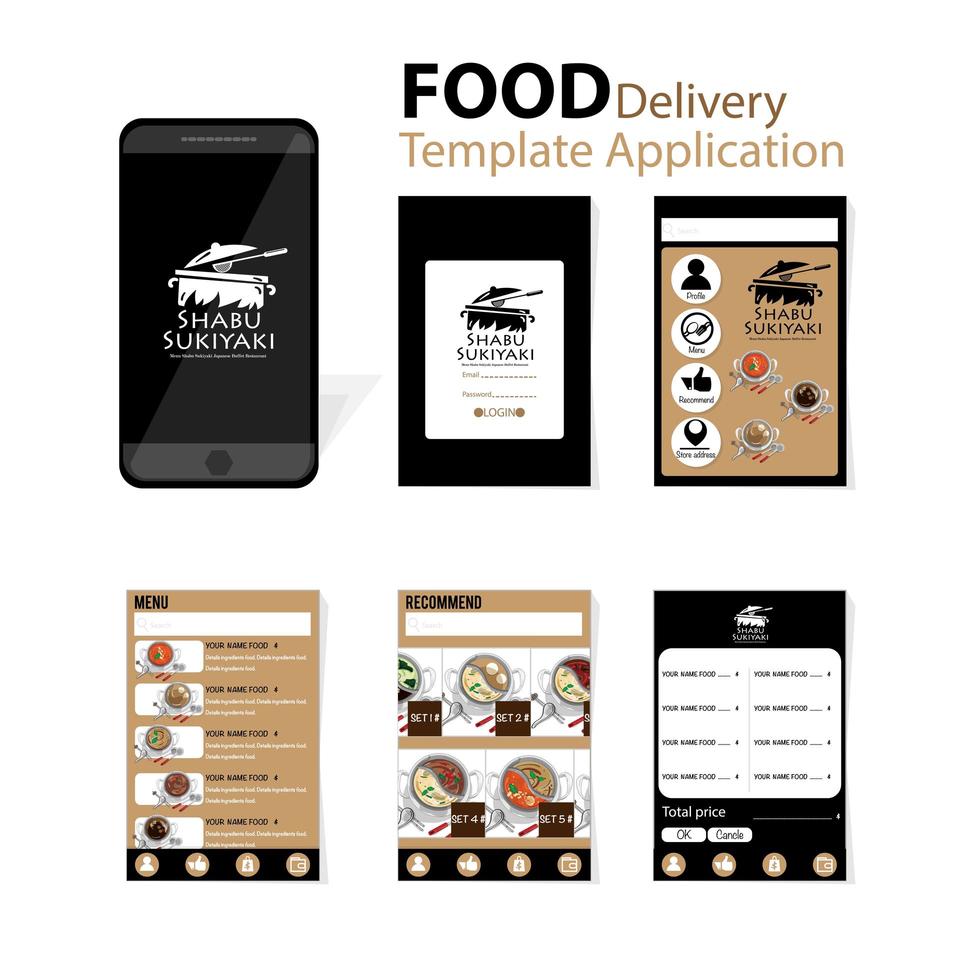 applicazione nera e marrone per la consegna di cibo giapponese vettore