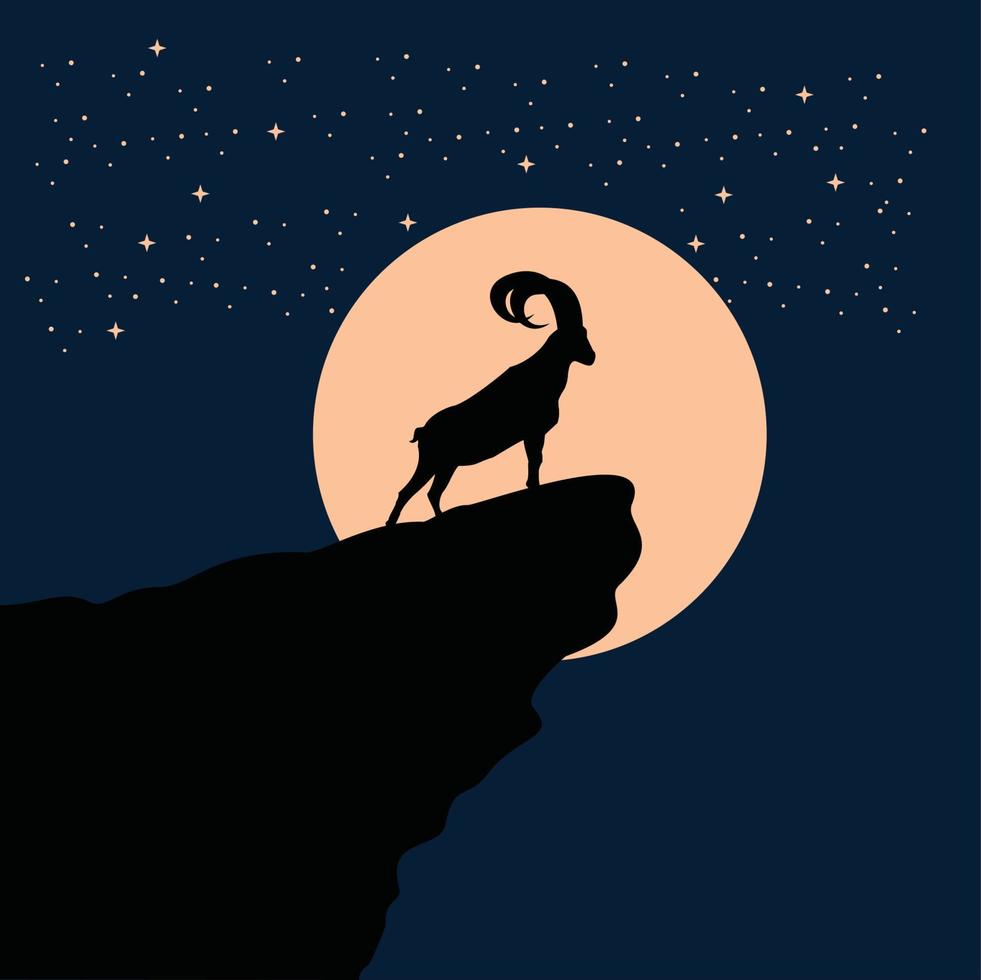 grande corno capra silhouette a il pieno Luna notte - capra, pecora, agnello logo emblema o pulsante icona silhouette - mammifero, animale vettore icona