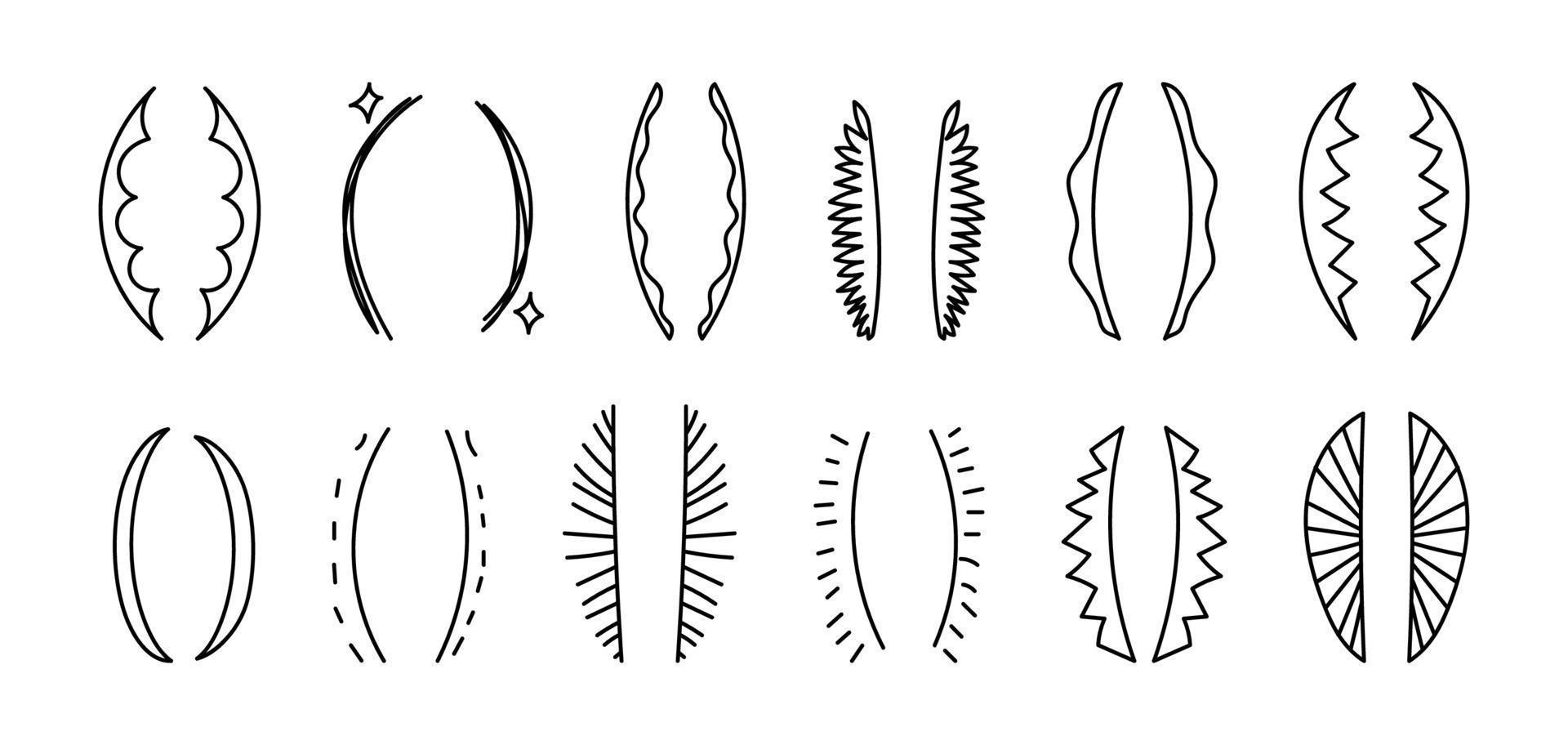 impostato di decorativo scarabocchio parentesi. linea arte parentesi. collezione di scarabocchiare mano disegnato testo cornici. vettore illustrazione di punteggiatura segni.