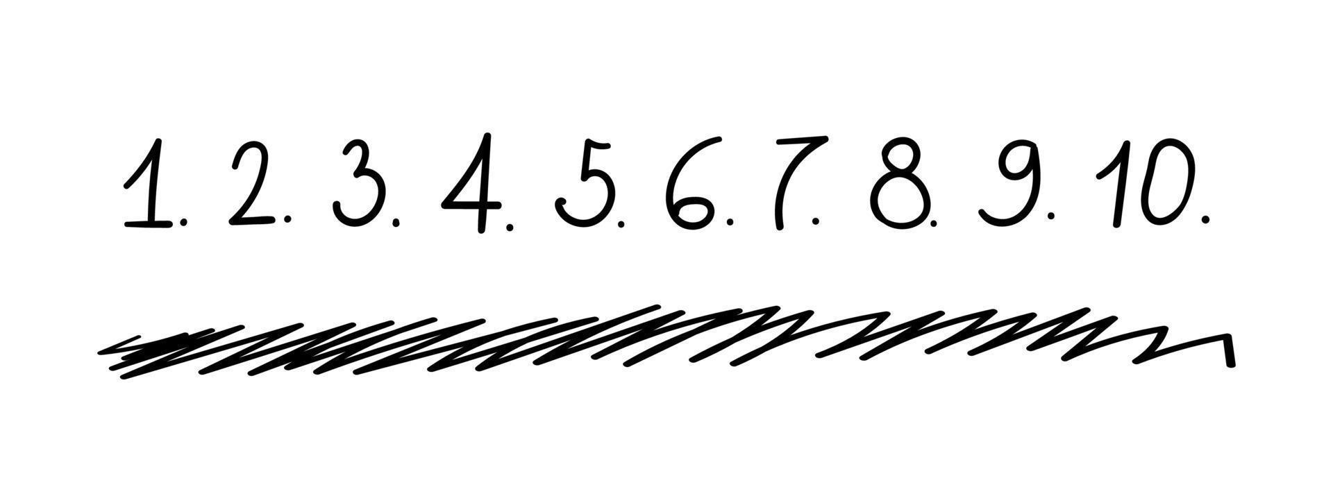 scarabocchio lista di controllo numerazione. elenco di mano scritto numeri con punti. disegnato a mano vettore illustrazione scarabocchiare numeri font con tratteggio linea isolato su bianca sfondo.