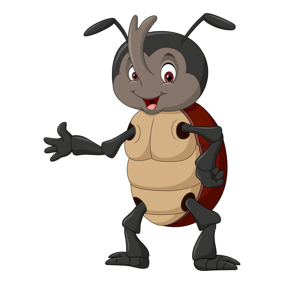 cartone animato scarabeo rinoceronte agitando la mano vettore
