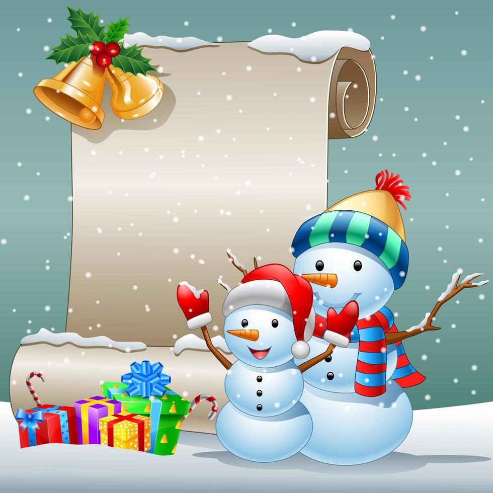 cartolina di natale con un pupazzo di neve e scatole regalo su sfondo invernale vettore