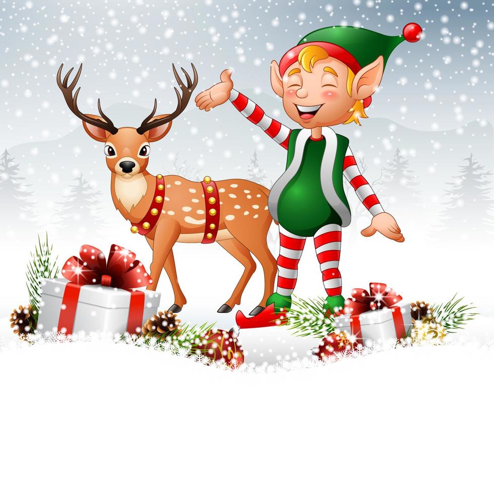 cartone animato divertente elfo con cervi e scatole regalo vettore