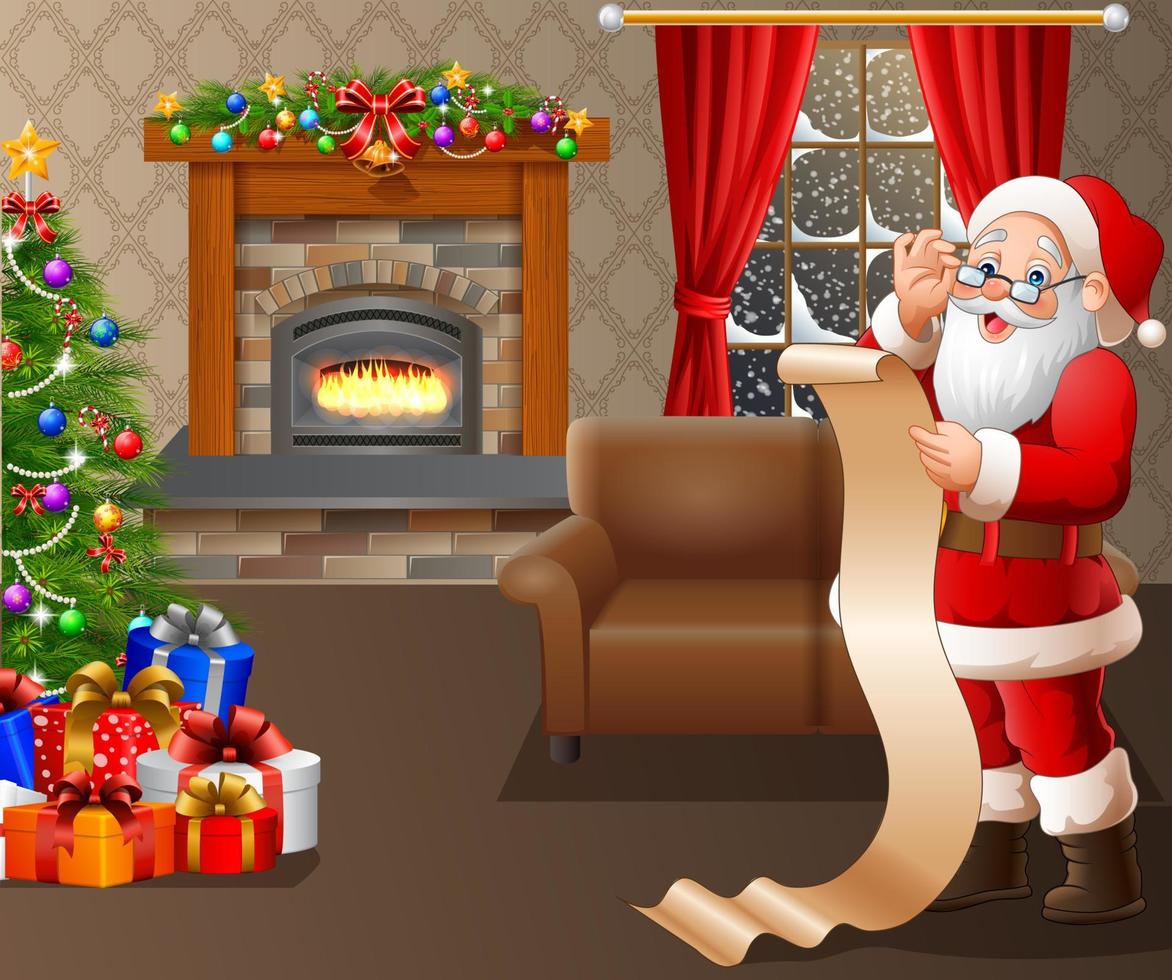 Babbo Natale che legge una lunga lista di regali in soggiorno vettore