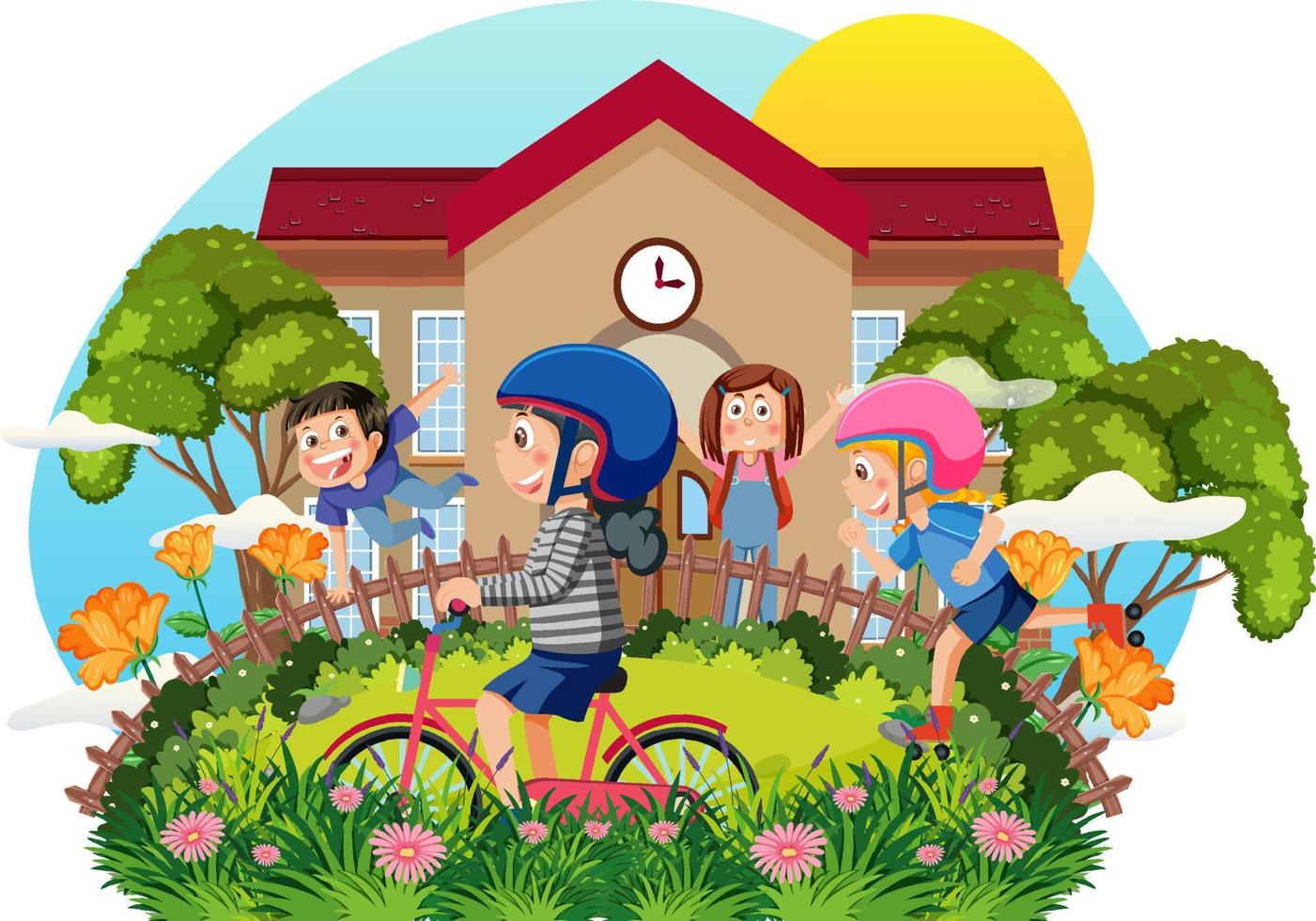 cartone animato bambini a Giardino dietro la casa vettore