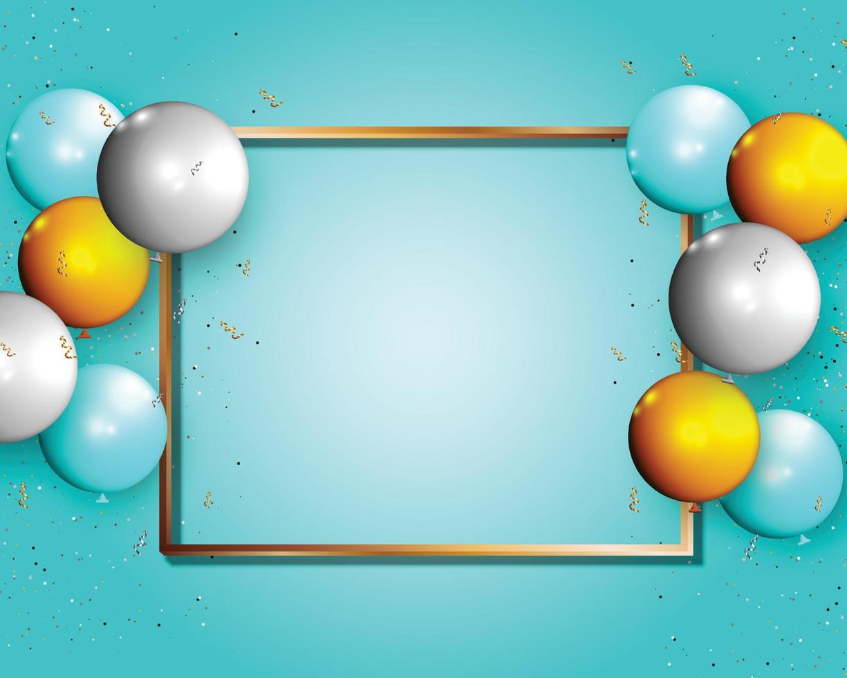 d'oro telaio con Palloncino e coriandoli su blu sfondo. astratto congratulazione bandiera sfondo. vettore