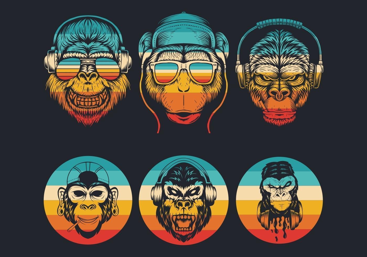 loghi testa di scimmia con collezione di occhiali da sole e cuffie vettore