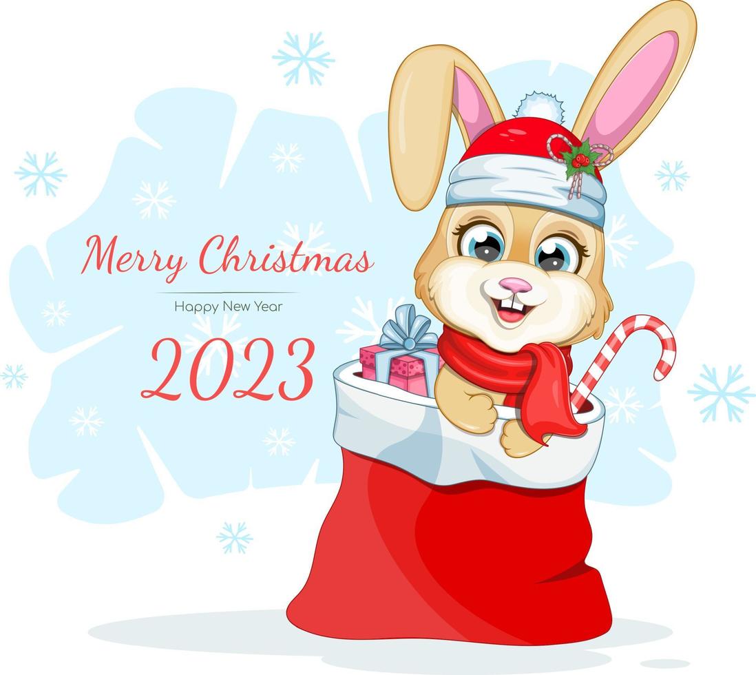 contento Natale e nuovo anno 2023 carta con un' cartone animato carino coniglietto vettore