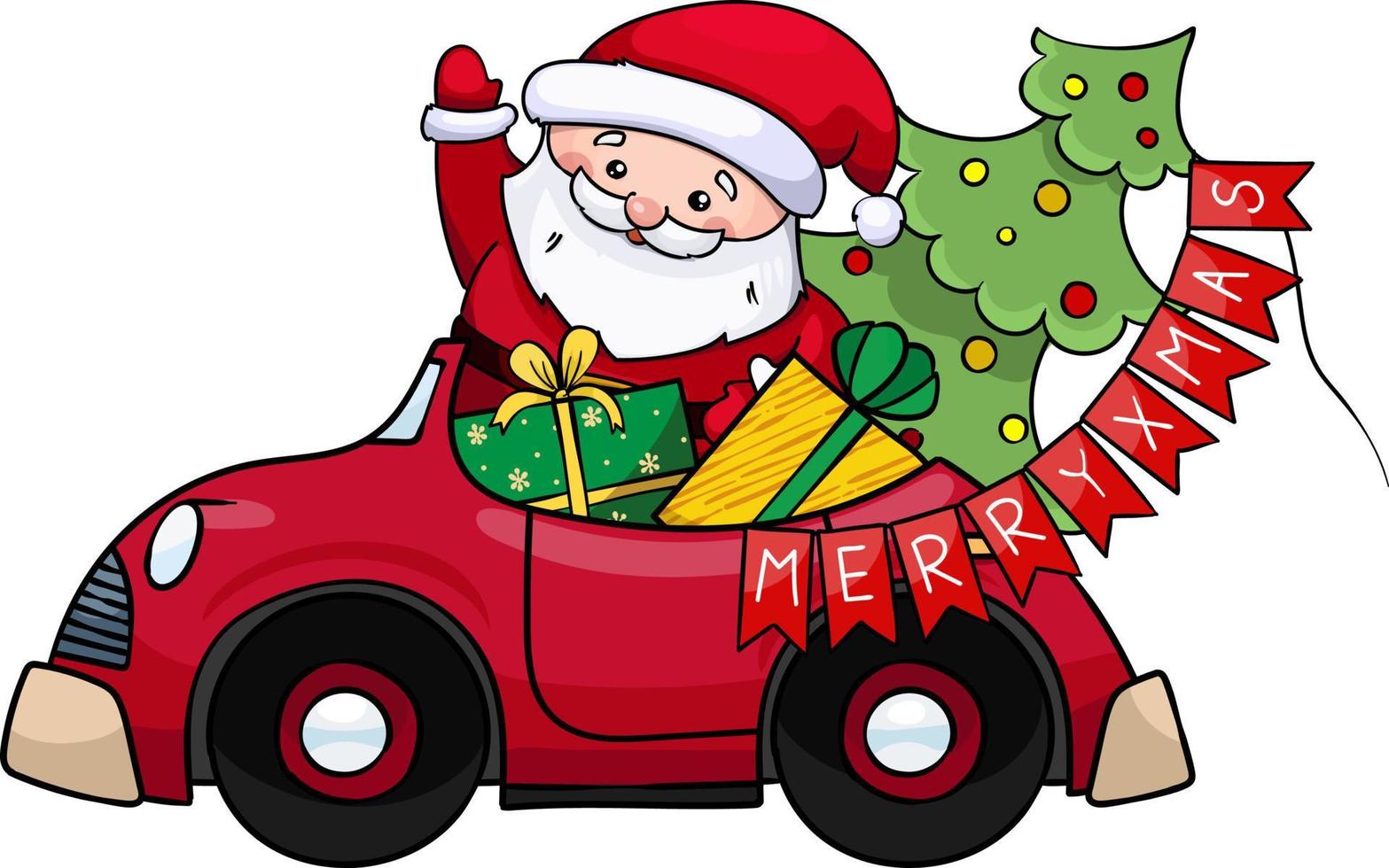 Santa Claus cavalcate un' rosso auto con i regali vettore