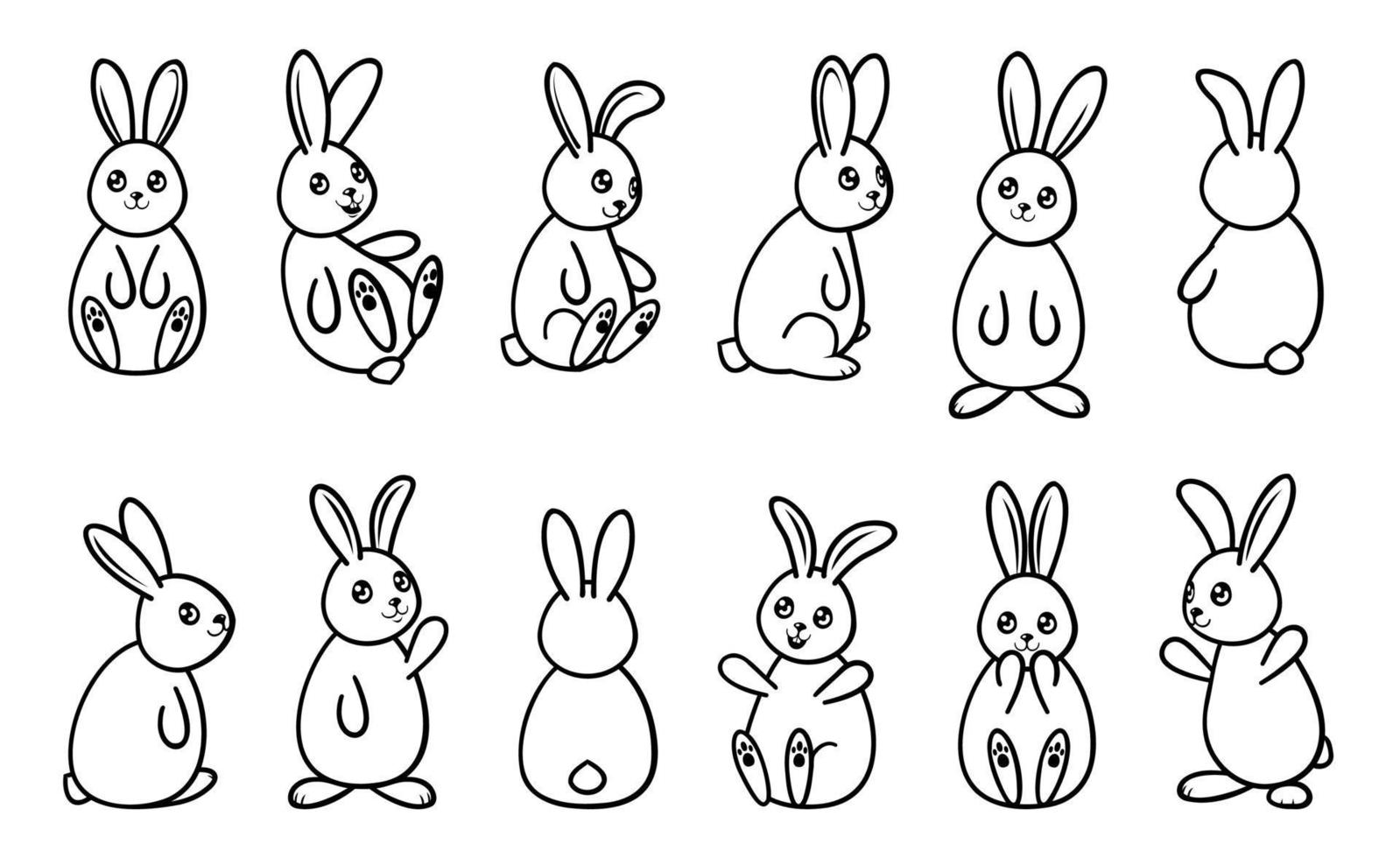 coniglietto cartone animato illustrazione impostare. nero magro linea arte carino animale illustrazione. conigli nel diverso posizione isolato su bianca sfondo. vettore