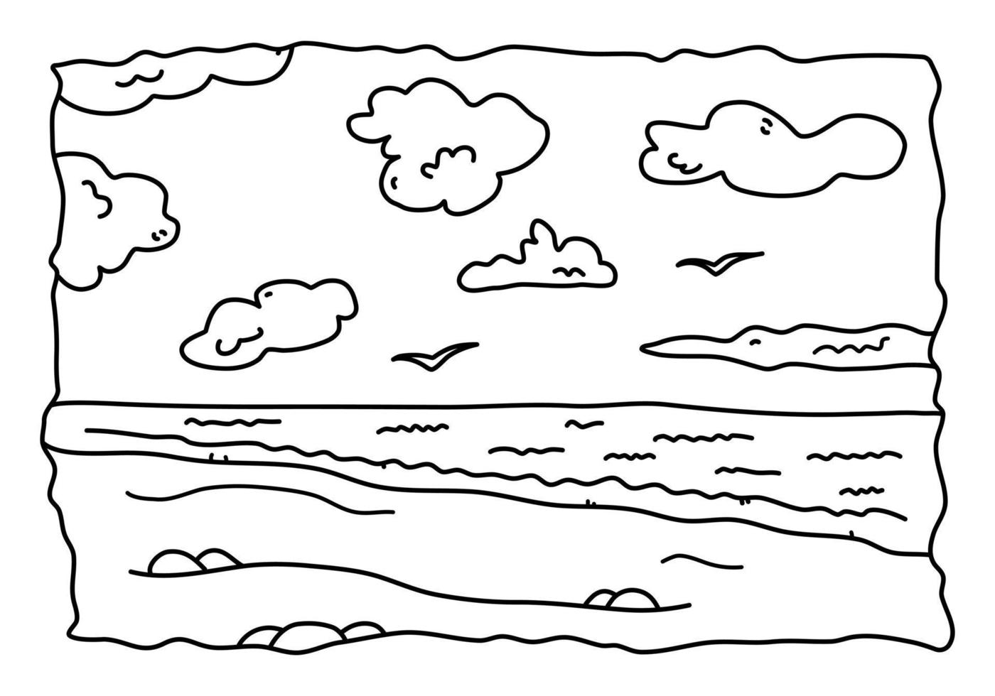 mano disegnato bambini colorazione pagina con mare paesaggio scarabocchio stile, vettore illustrazione isolato su bianca sfondo. natura, nero schema, Visualizza con onde e nuvole