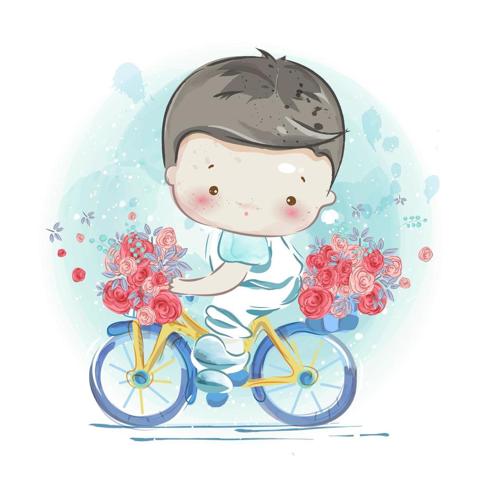 un ragazzo in bici con fiori vettore