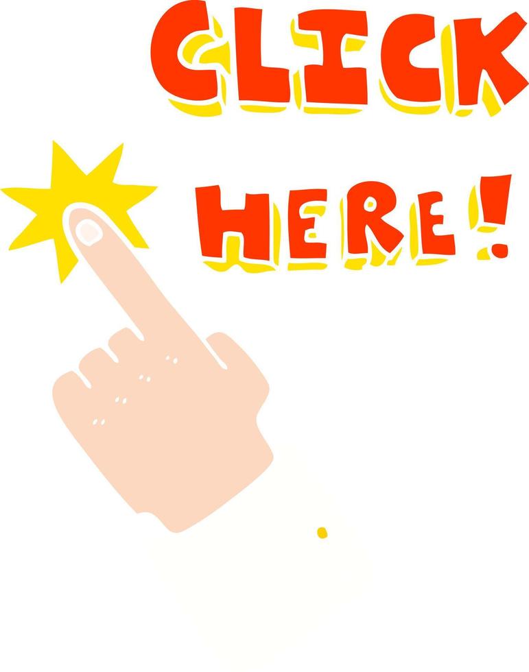 piatto colore illustrazione di un' cartone animato clic Qui cartello con dito vettore